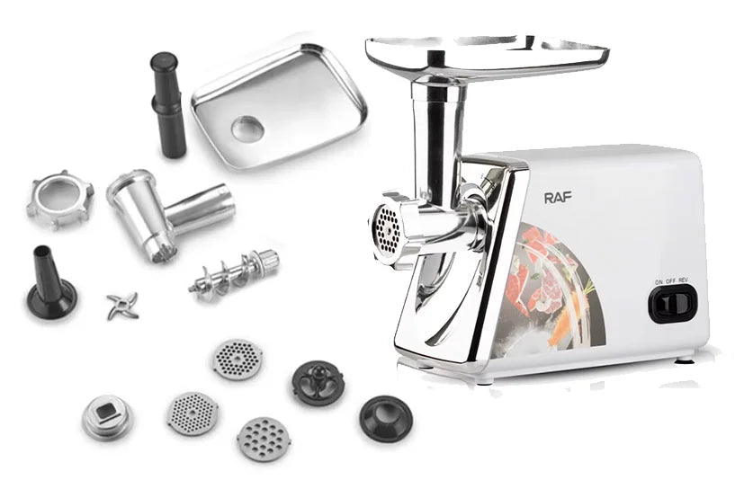 Masina de Tocat RAF 3500W, 14 Accesorii Totale, Accesoriu Carnati, Chiftele, Kebbe, 3 Site Inox 3, 5, 8mm, Functie Reverse