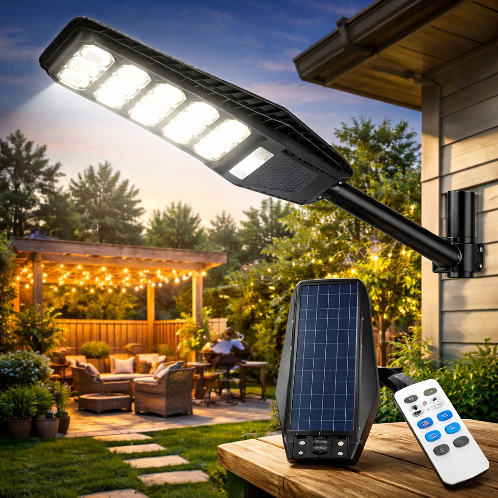 Lampă Solară LED Stradală 300W cu Panou Solar Integrat – 15000 Lumeni, Senzor Mișcare 8m, Telecomandă, IP67, Încărcare 6-8 Ore, Lumină Alb Rece 6500K, Instalare Ușoară Fără Cabluri pentru Curte și Grădină