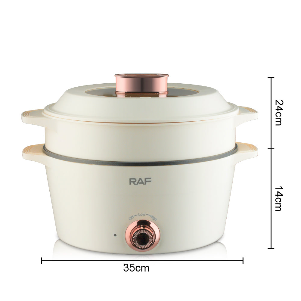 Oală electrică multifuncțională RAF, 1300W, multiple trepte de gătire, vas de 5L + recipient abur 2L, suprafață antiaderentă, mâner termoizolant