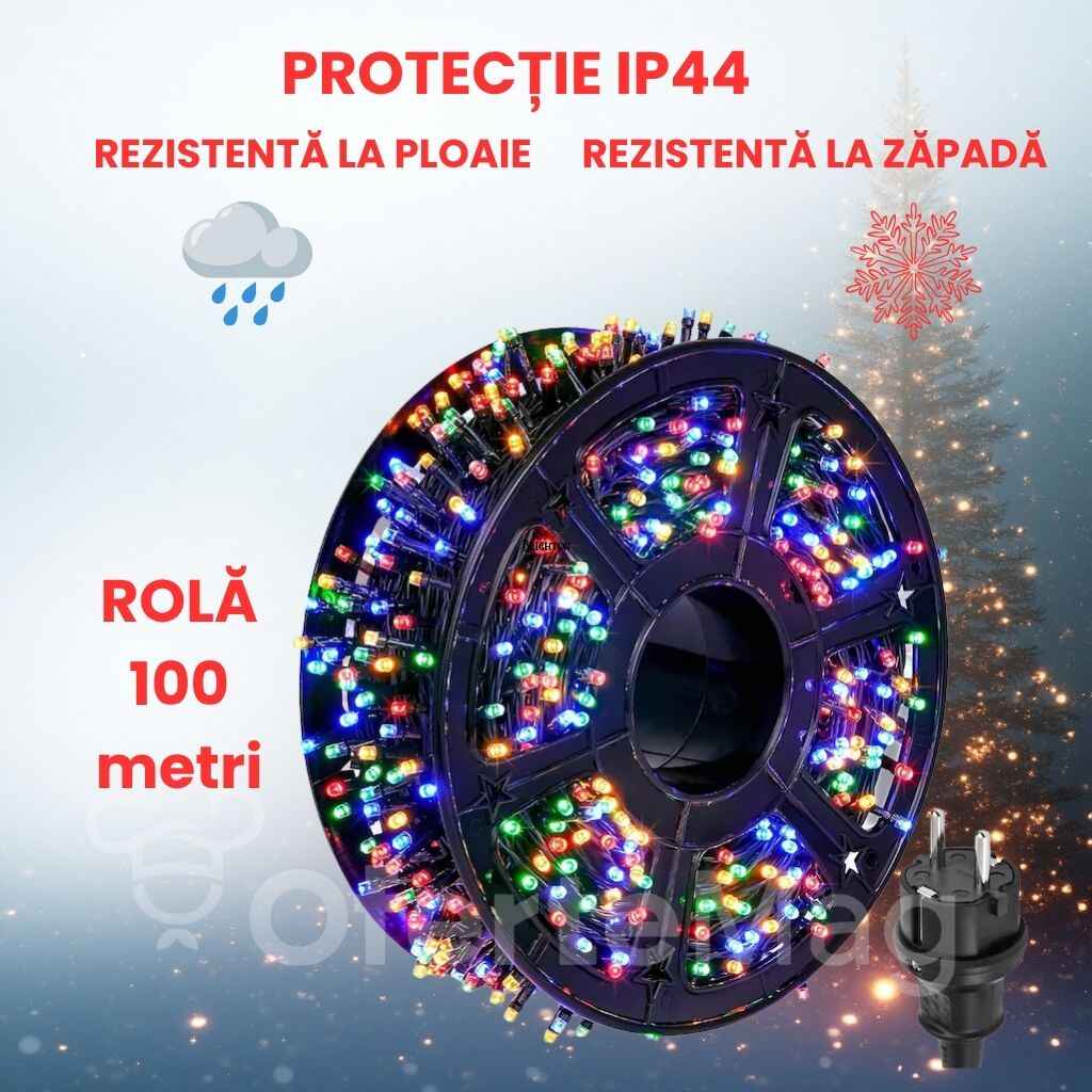 Instalație LED multicoloră pentru Crăciun , Rolă 100 metri, 8 Jocuri de lumini, pentru Interior sau Exterior cu Protecție IP 44