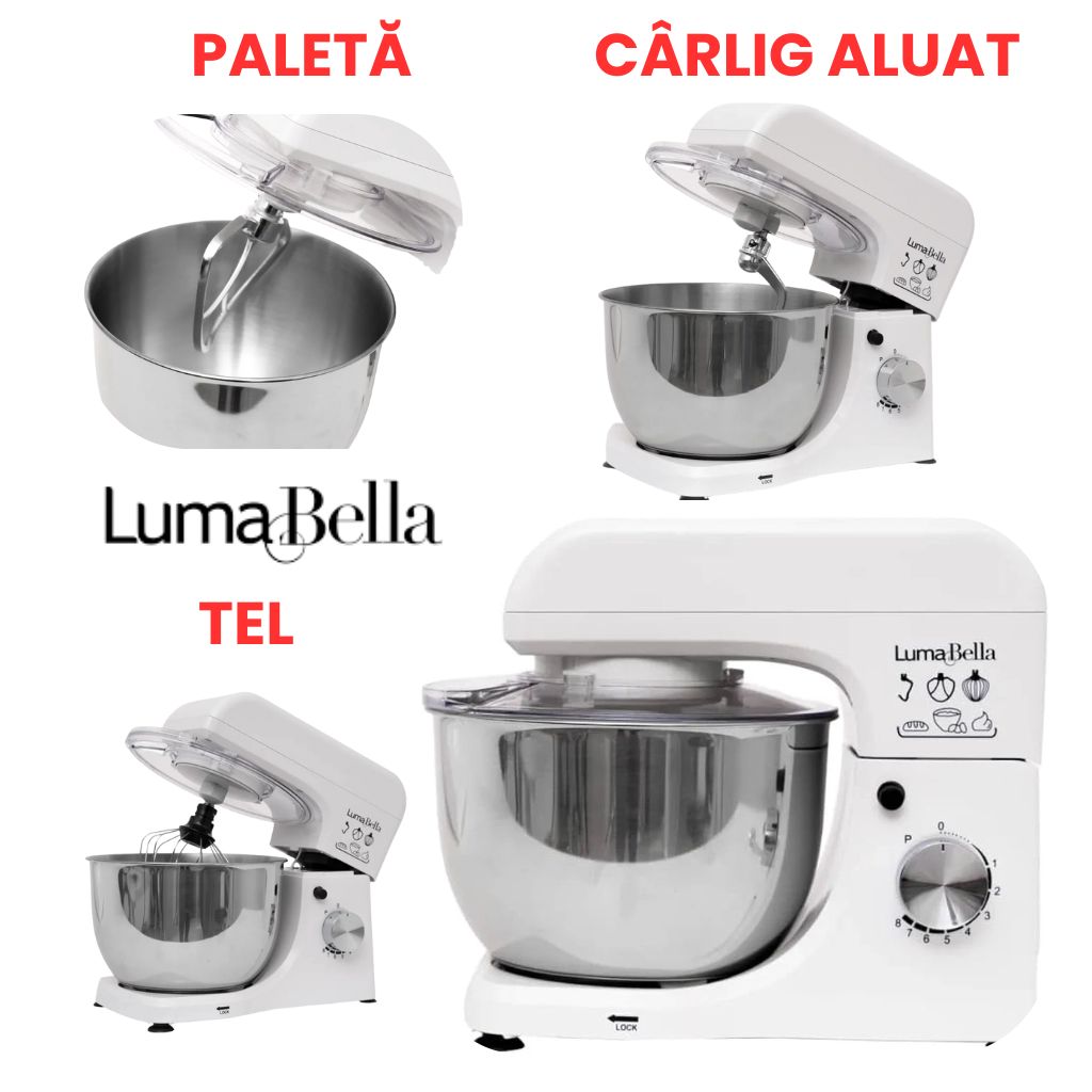 Mixer profesional cu bol din inox, Putere 1500W, Capacitate 5.5 Litri, 8 Trepte de viteză, Accesorii Tel, Paletă și Cârlig pentru aluat
