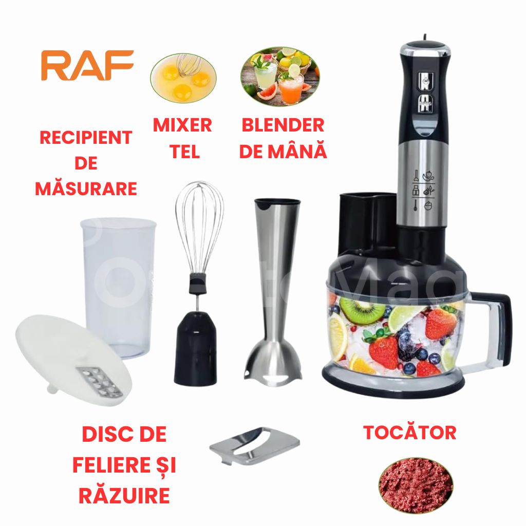 Set Blender 6-în-1 RAF, 1500W, Tocător, Blender de mână cu recipient inclus, Mixer cu tel, Disc pentru feliere și răzuire