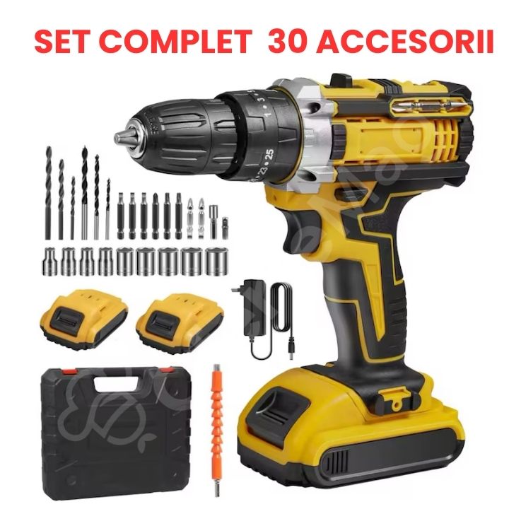 Bormașină cu acumulatori Li-Ion, 1.5h autonomie, 48V, Putere 700W, Trepte de viteză și cuplu reglabile, Set complet cu 30 accesorii incluse