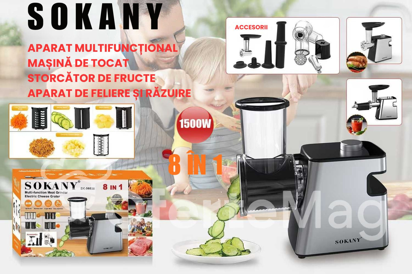 Robot Multifuncțional Sokany 8-în-1, Mașină de tocat, Storcător de fructe și legume, Feliator/Răzuitor Automat, 1500W, Carcasă din Inox, Set complet de accesorii inclus