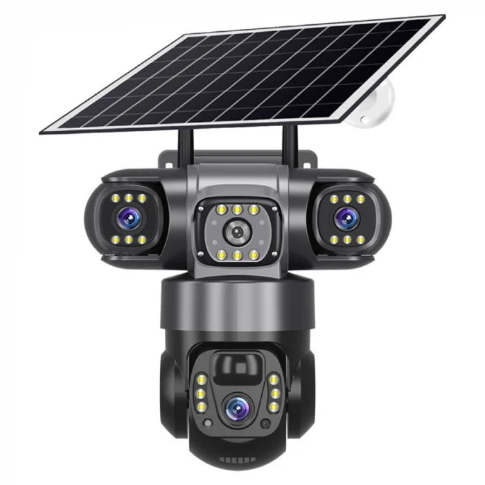 Cameră Profesionala 4-in-1 cu Panou Solar, Aplicație V380 PRO, 3 Lentile, Audio Bidirecțional, Imagini color pe timp de noapte, Infrarosu, Protecție IP66, Senzor Miscare si Alarma + Card SD 64 GB Inclus!
