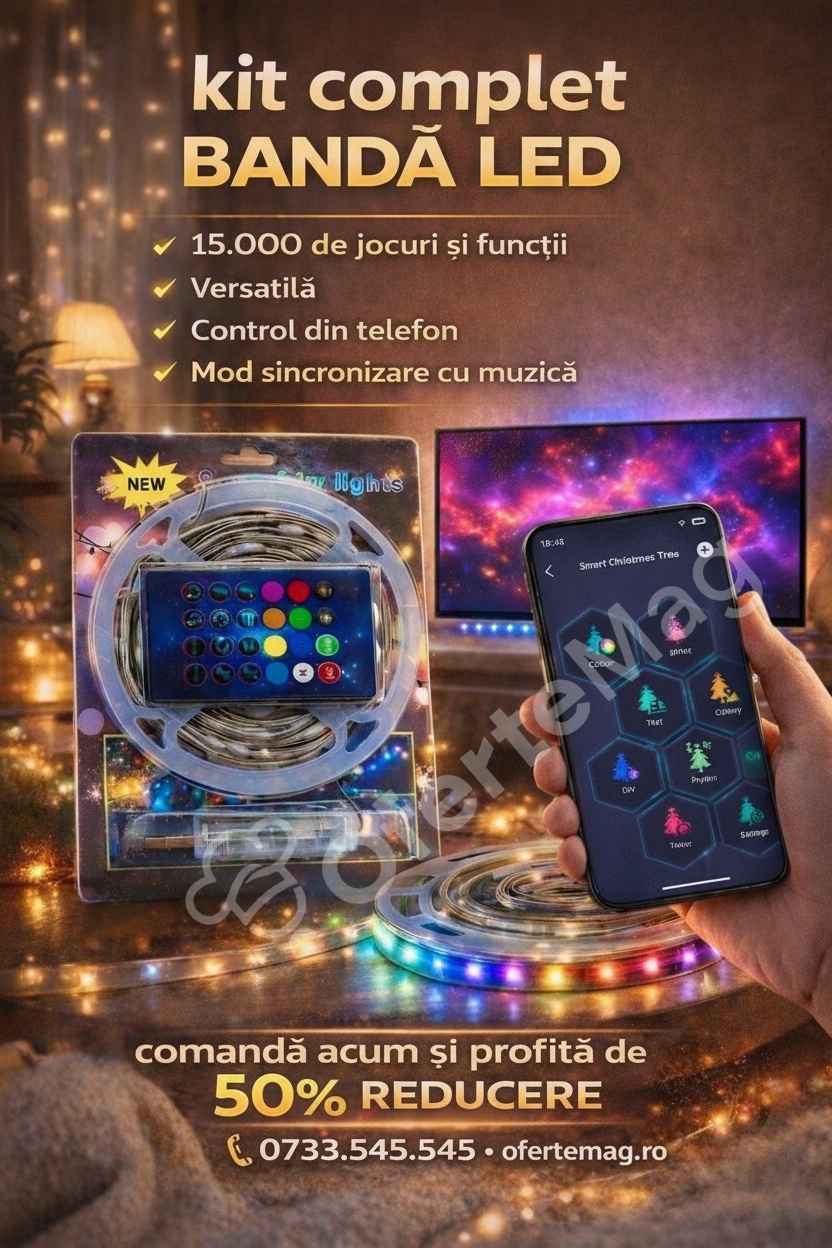 Set complet Rolă LED cu 15.000 de jocuri de lumini și funcții dinamice, Lungime 10 metri, Control prin telecomandă, Conectivitate USB, Bluetooth și aplicație pentru telefon inclusă