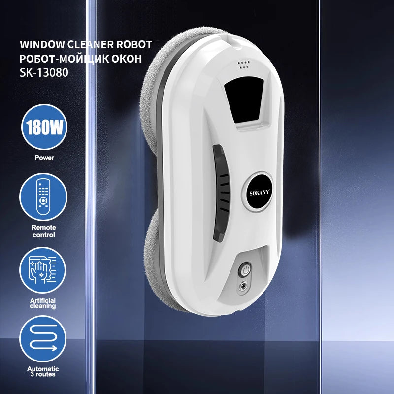 Robot de Curățare Ferestre Sokany, Putere 180W, Forță de aspirare 5600 Pa, Moduri Automate de curățare, Include Telecomandă și Set complet de accesorii