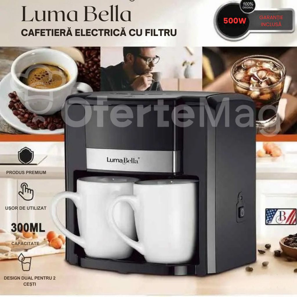 Cafetieră Electrică Dublă Luma Bella, Putere 500W, Capacitate rezervor 300 ml, Filtru de cafea reutilizabil