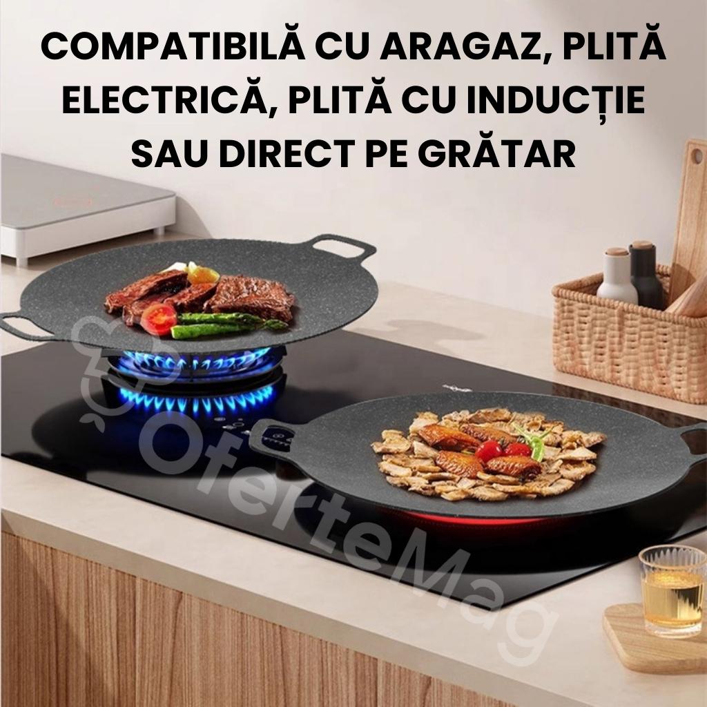 Tigaie Grill, în Stil Coreean, Diametru 30 cm, Compatibilă cu toate sursele de căldură, Material durabil din aliaj de aliuminiu
