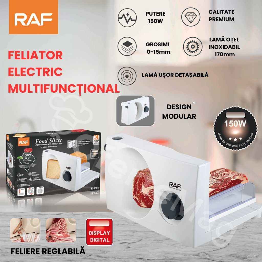 Feliator/Slicer Electric Multifuncțional RAF, 150W, Pentru Carne, Mezeluri, Brânzeturi, Grosime Ajustabilă, Lamă din Oțel Inoxidabil