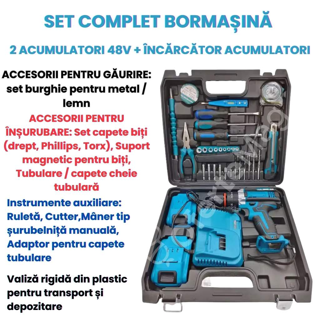 SET COMPLET Trusă Bormașină Autofiletantă 48V – 2 Acumulatori 5Ah, 30+ Accesorii, Mandrină 10–13 mm, 2 Trepte Viteză, 1500 RPM, Stație Încărcare Inclusă