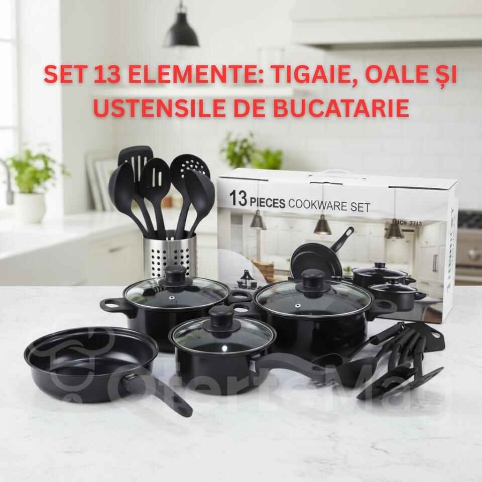 SET 13 Piese cu Tigaie, Oale, Ustensile de Bucătărie, Capace din sticlă termorezistentă, Strat Antiaderent, Design Modern, Materiale Premium