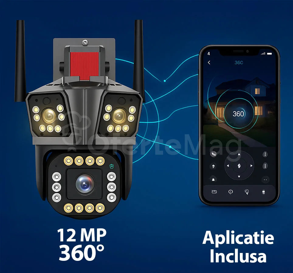 Camera Tripla 12 MP, Senzor Miscare, Alarma, Vedere Nocturna 360, Zoom 10x, Lumini LED