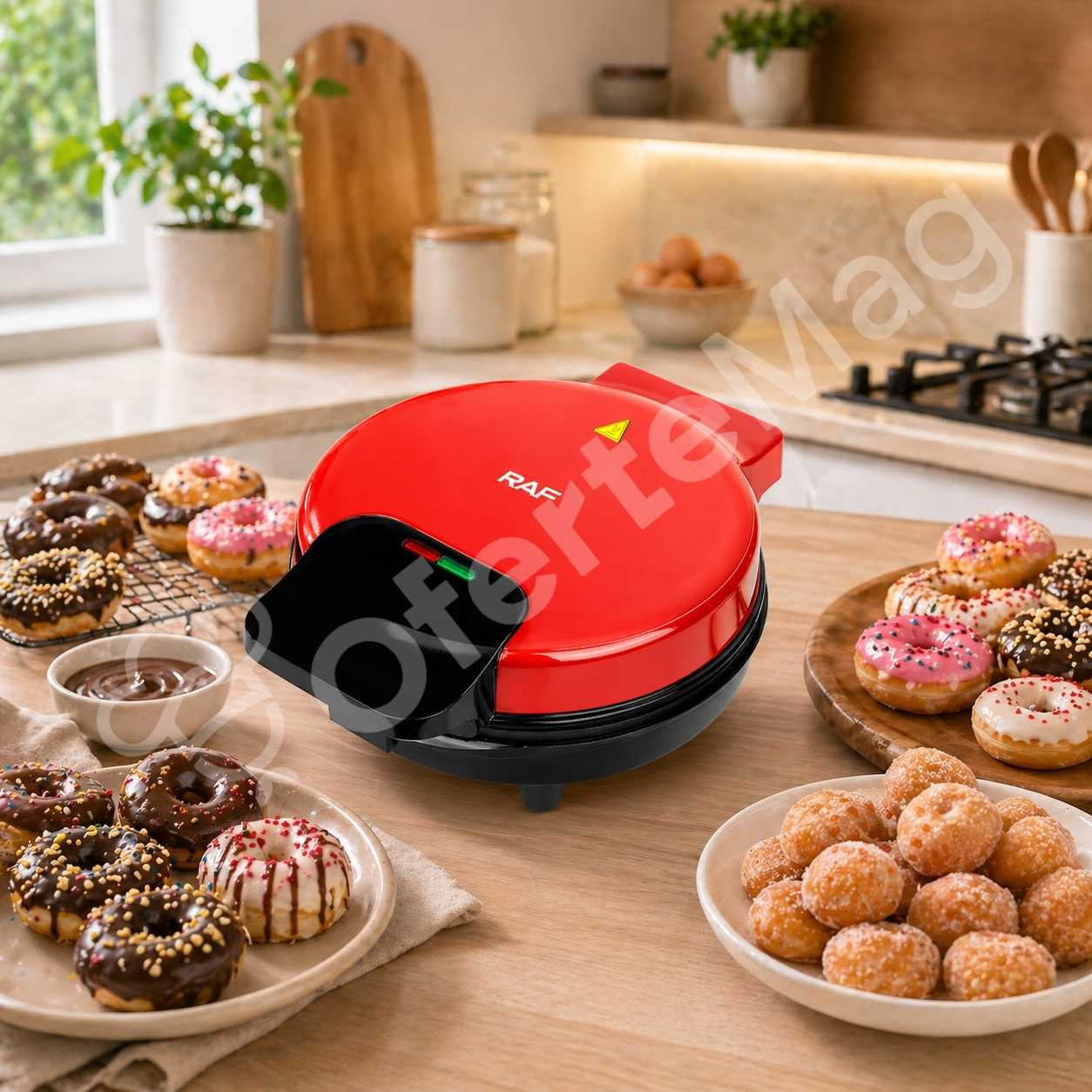 Aparat electric automat pentru gogoși RAF R.2539, 850W, coacere uniformă, 7 gogoși per ciclu, plăci antiaderente, indicator luminos, design compact și sigur