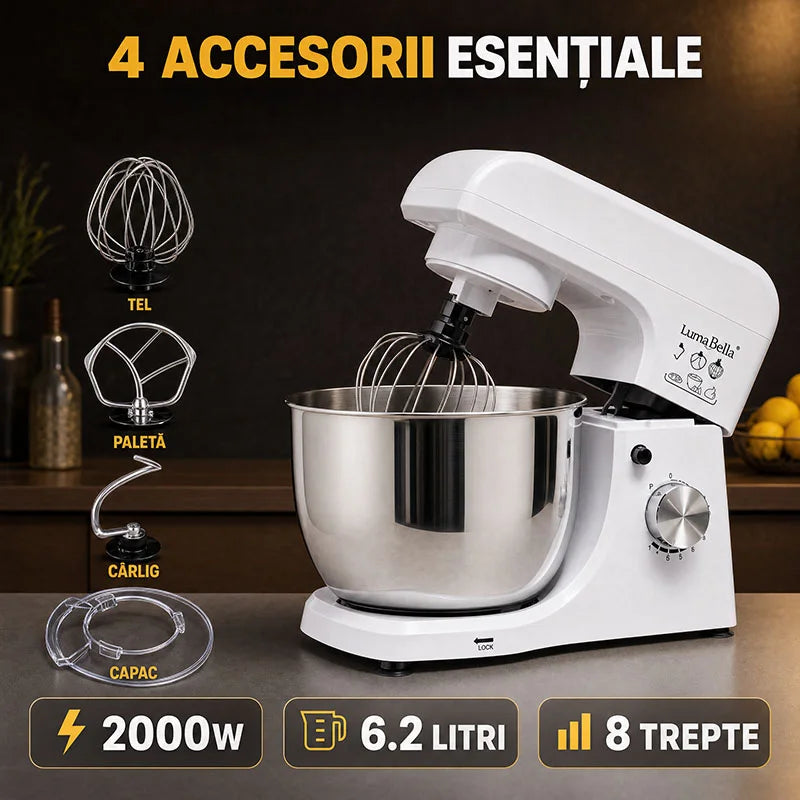 Mixer profesional cu bol din inox LumaBella, Capacitate 6.2 Litri