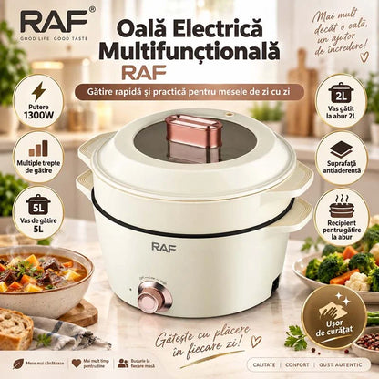 Oală electrică multifuncțională RAF, 1300W, multiple trepte de gătire, vas de 5L + recipient abur 2L, suprafață antiaderentă, mâner termoizolant