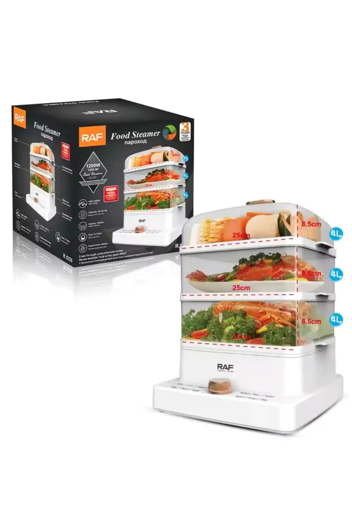 Aparat gatit cu Abur RAF 12L, 3 Nivele, 12 Functii, 1200W (+ Cadou)