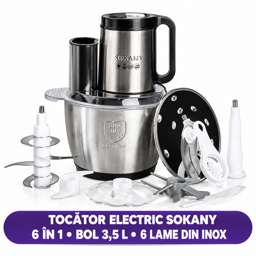 Tocător electric Sokany 6 în 1, bol de 3,5 L, 6 lame din inox, afișaj LCD