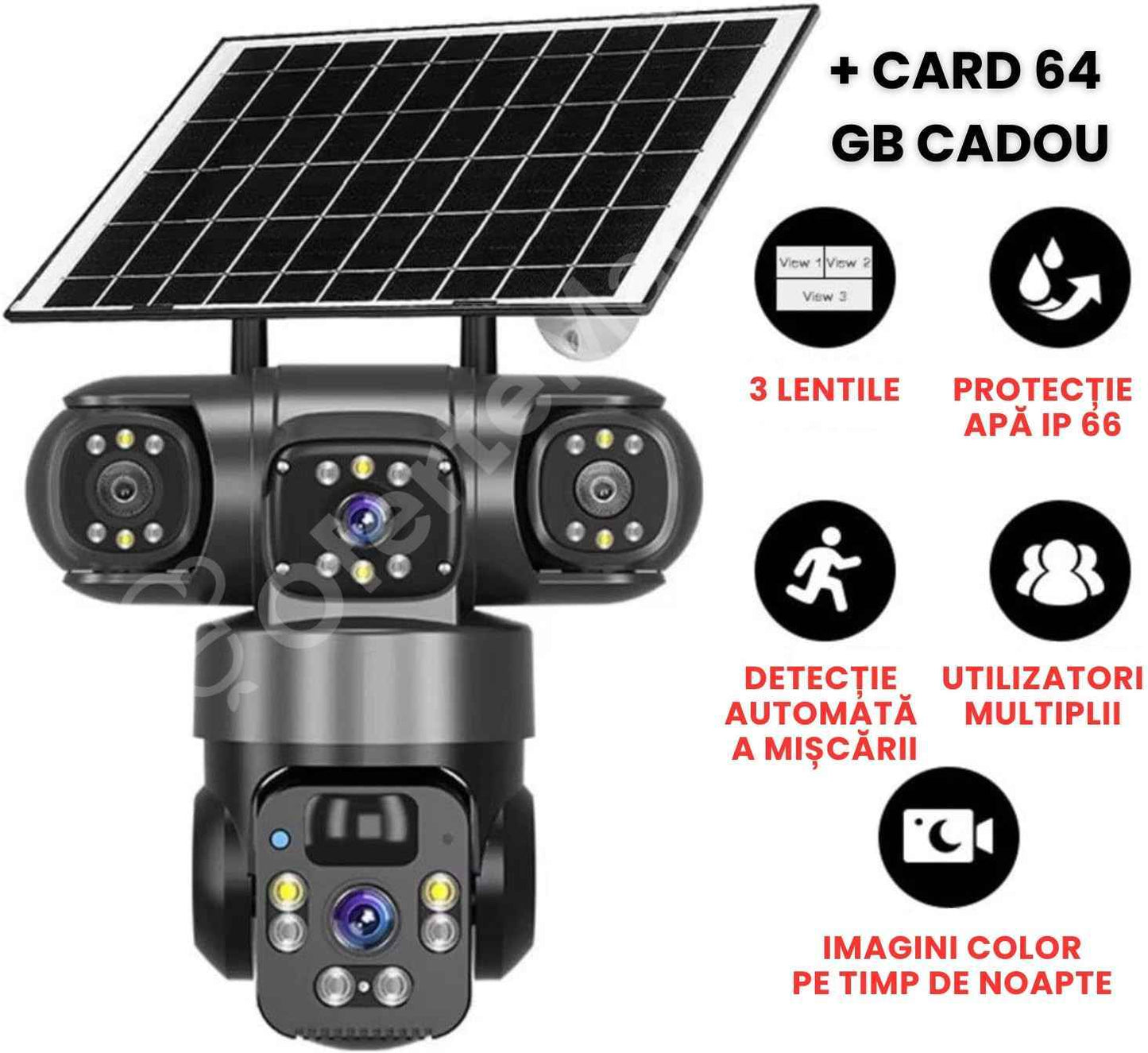 Cameră de Supravegere cu Panou Solar, Autonomie Baterie 12.000 mAh, Conectivitate WiFi+4G, Aplicație de telefon Gratuită, 3 Lentile cu vedere 360 grade, Audio Bidirecțional, Imagini color pe timp de noapte, Protecție la apă IP66 + Card SD 64 GB CADOU
