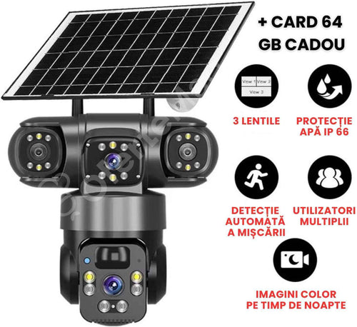 Cameră de Supravegere cu Panou Solar, Autonomie Baterie 12.000 mAh, Conectivitate WiFi+4G, Aplicație de telefon Gratuită, 3 Lentile cu vedere 360 grade, Audio Bidirecțional, Imagini color pe timp de noapte, Protecție la apă IP66 + Card SD 64 GB CADOU