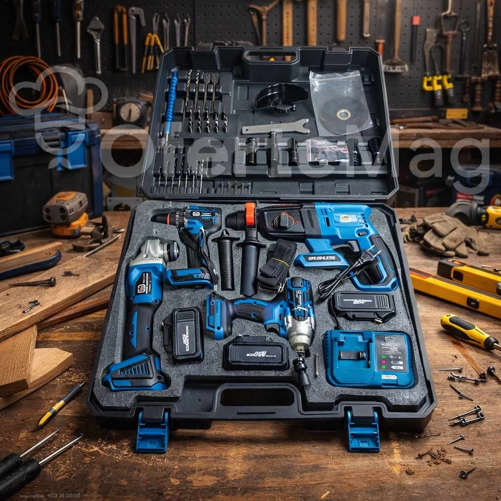 Set Profesional 4 Scule Electrice pe Acumulator – Bormașină, Mașină de Înșurubat cu Impact, Polizor Unghiular și Ciocan Rotopercutor, 3 Acumulatori 36V 8Ah, Valiză Transport, Design Ergonomic, Autonomie Mare și Iluminare LED Integrată
