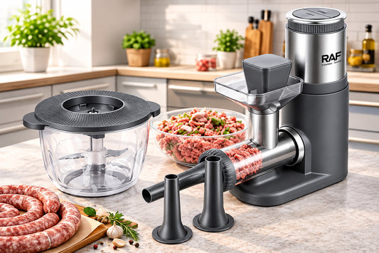 Set tocător 3L din sticlă groasă și mașină de carnați și chiftele, 2000W, 4 lame inox, accesorii cârnaţi şi chiftele, capacitate 3kg/min, 2 în 1 multifuncţional pentru bucătărie