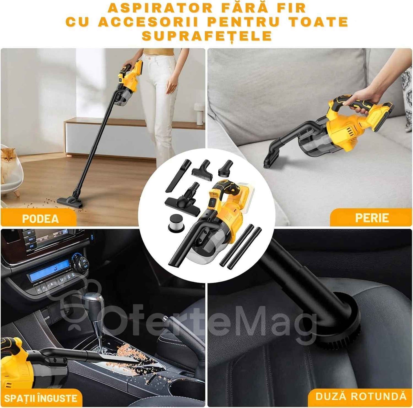 Aspirator Portabil Fără Fir, Filtru HEPA, Putere 120W, Autonomie 30 minute, 2 acumulatori 48V inclusi, Iluminare LED, Accesorii pentru toate suprafețele