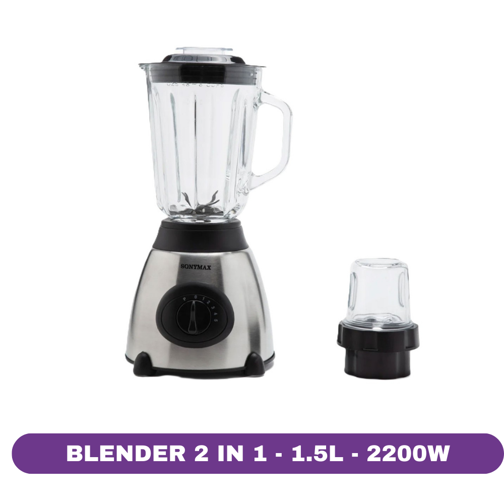 Blender inox & sticlă 2 in 1, 1.5L, 5 viteze, 8 lame, cu râșniță