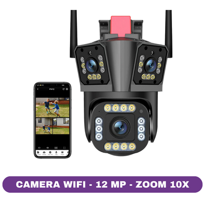 Camera Tripla 12 MP, Senzor Miscare, Alarma, Vedere Nocturna 360, Zoom 10x, Lumini LED