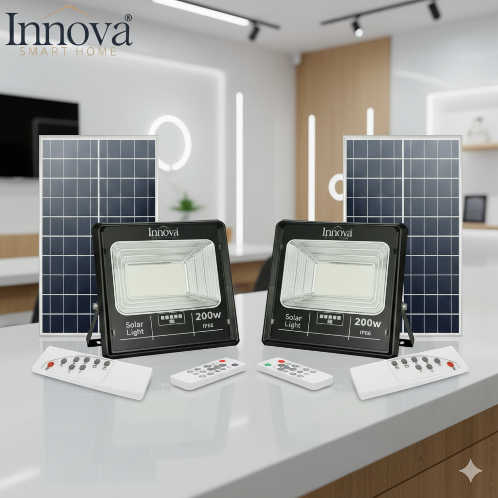 Set 2 Proiectoare LED 200W + 2 Panouri Solare, Telecomandă, Autonomie 8–12h, Protecție apă IP66, Kit Suport pentru montaj inclus