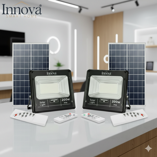 Set 2 Proiectoare LED 200W + 2 Panouri Solare, Telecomandă, Autonomie 8–12h, Protecție apă IP66, Kit Suport pentru montaj inclus