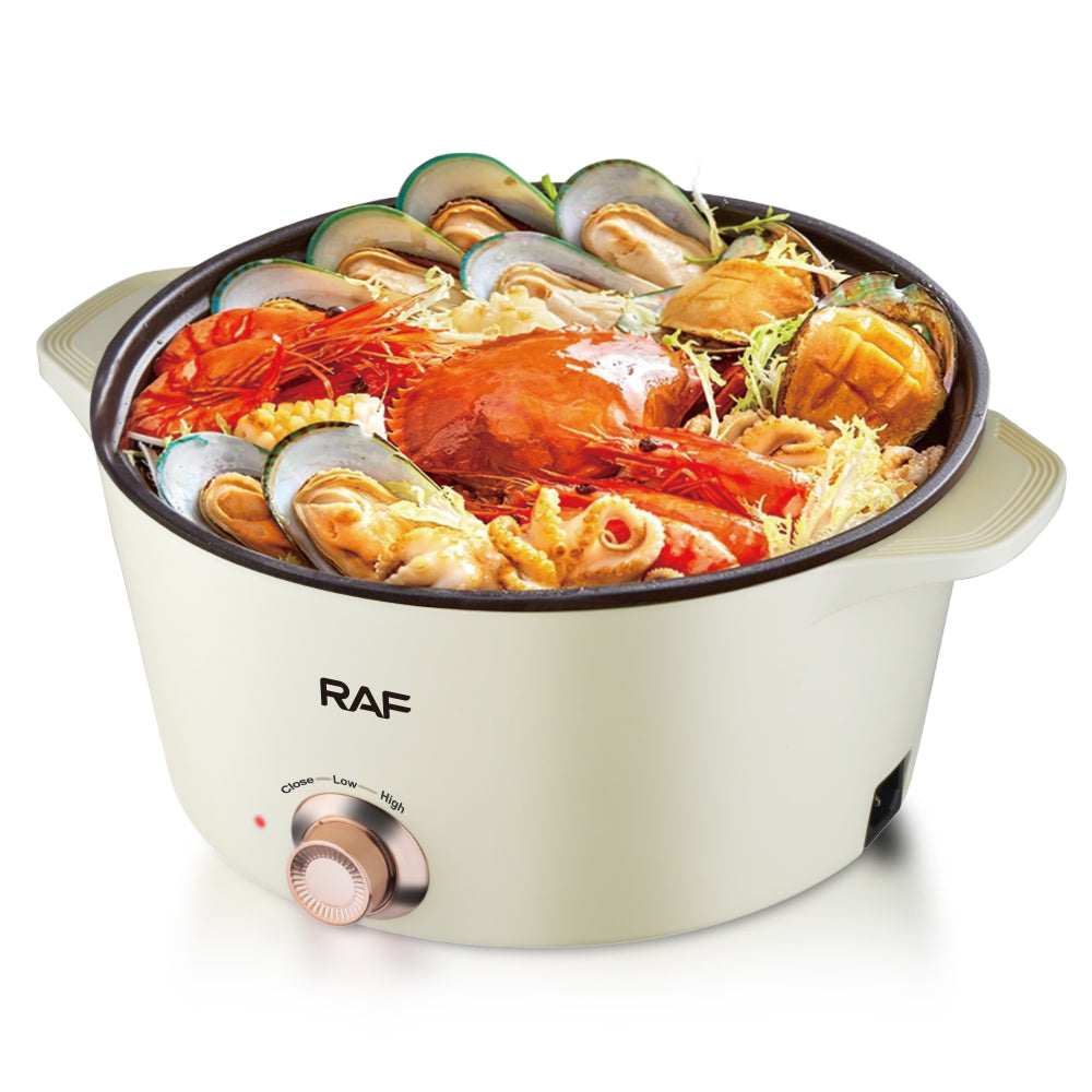 Oală electrică multifuncțională RAF, 1300W, multiple trepte de gătire, vas de 5L + recipient abur 2L, suprafață antiaderentă, mâner termoizolant