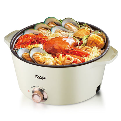 Oală electrică multifuncțională RAF, 1300W, multiple trepte de gătire, vas de 5L + recipient abur 2L, suprafață antiaderentă, mâner termoizolant