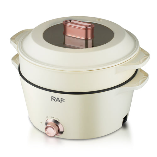 Oală electrică multifuncțională RAF, 1300W, multiple trepte de gătire, vas de 5L + recipient abur 2L, suprafață antiaderentă, mâner termoizolant