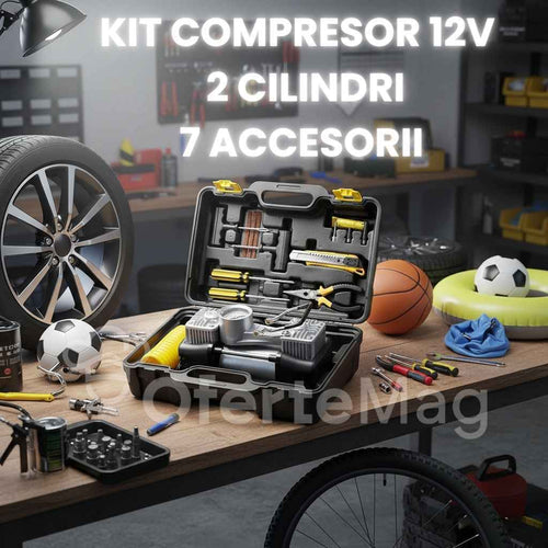 Kit Auto pentru Pană cu Compresor 12V 2 Cilindri – 150 PSI, 40L/min, Umflare în 3 Minute, 7 Accesorii Reparare, Furtun Lung și Cablu 2,5 m, Ideal pentru Mașini, Biciclete și Saltele