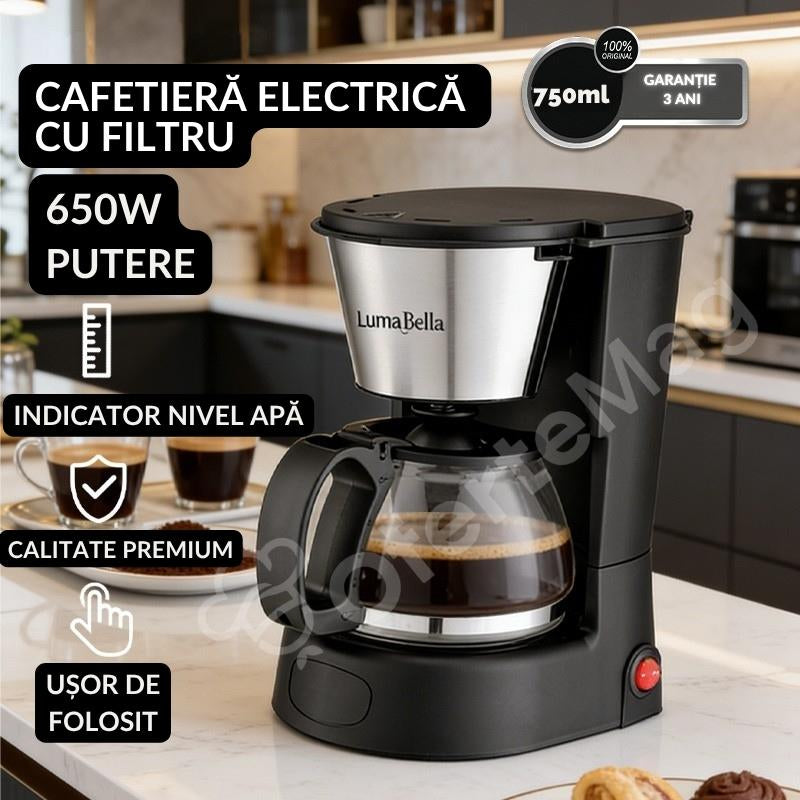 Cafetieră cu filtru electrică Luma Bella, 650W, capacitate 0.75L, sistem anti-picurare, filtru reutilizabil, funcție menținere la cald, indicator nivel apă, cană din sticlă inclusă