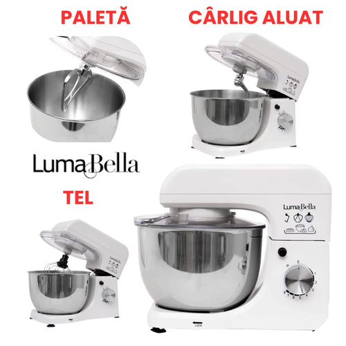 Mixer profesional cu bol din inox, Putere 1500W, Capacitate 5.5 Litri, 8 Trepte de viteză, Accesorii Tel, Paletă și Cârlig pentru aluat