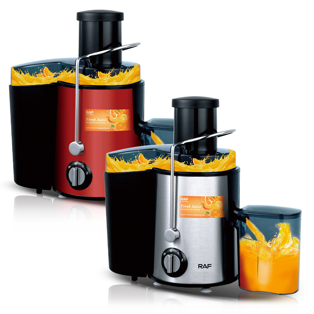 Storcător de fructe și legume centrifugal RAF, 1000W, 2 viteze + Funcție Pulse, 18000 rpm, tub alimentare 65 mm, recipient suc 450 ml, recipient pulpă 2L, filtru inox, piese detasabile