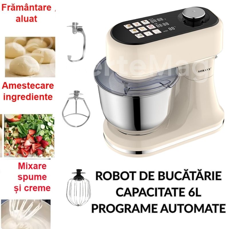 Robot de bucătărie Sokany , Putere 1500W, Capacitate bol inox 6L, afișaj digital LED, cântar integrat, fermentare aluat, programe automate, Set de accesorii complete