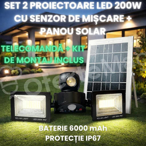 Proiector solar LED dublu 200W cu panou solar, senzor mișcare 180°, telecomandă, baterie 6000mAh, autonomie 8–10 ore, IP67, iluminare 9000 lumeni pentru exterior curte și grădină