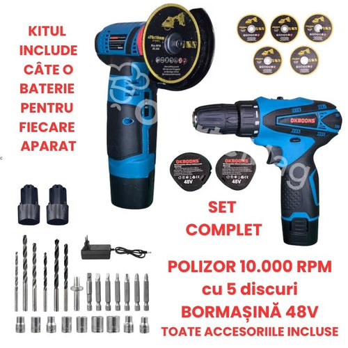 SET COMPLET Polizor 10.000 RPM + Bormașină 48V, 2 acumulatori Li-Ion Incluși compatibili cu fiecare aparat, Discuri de Tăiere, Accesorii de Găurit și Înșurubat, Valiză de transport și organizator