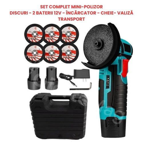 SET COMPLET Mini-Polizor, 750W, Viteză până la 19500RPM, Autonomie 1500mAh, 2 Baterii 12V, 6 Discuri, Încărcător, Cheie, Valiză Transport