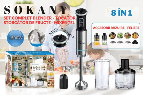 Set Blender 8-în-1 SOKANY, 1500W, Tocător, Blender de mână cu recipient inclus, Mixer cu tel, Storcător de fructe, Discuri pentru feliere și răzuire