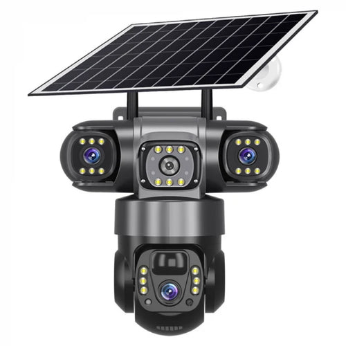 Cameră Profesionala 4-in-1 cu Panou Solar, Aplicație V380 PRO, 3 Lentile, Audio Bidirecțional, Imagini color pe timp de noapte, Infrarosu, Protecție IP66, Senzor Miscare si Alarma + Card SD 64 GB Inclus!