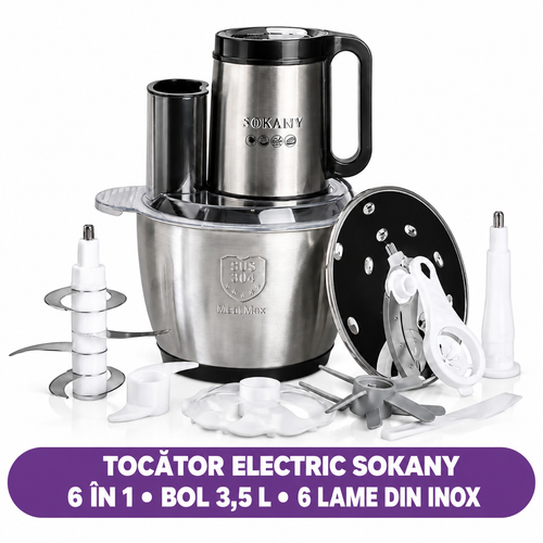Tocător electric Sokany 6 în 1, bol de 3,5 L, 6 lame din inox, afișaj LCD