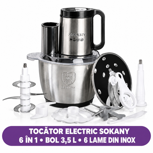 Tocător electric Sokany 6 în 1, bol de 3,5 L, 6 lame din inox, afișaj LCD