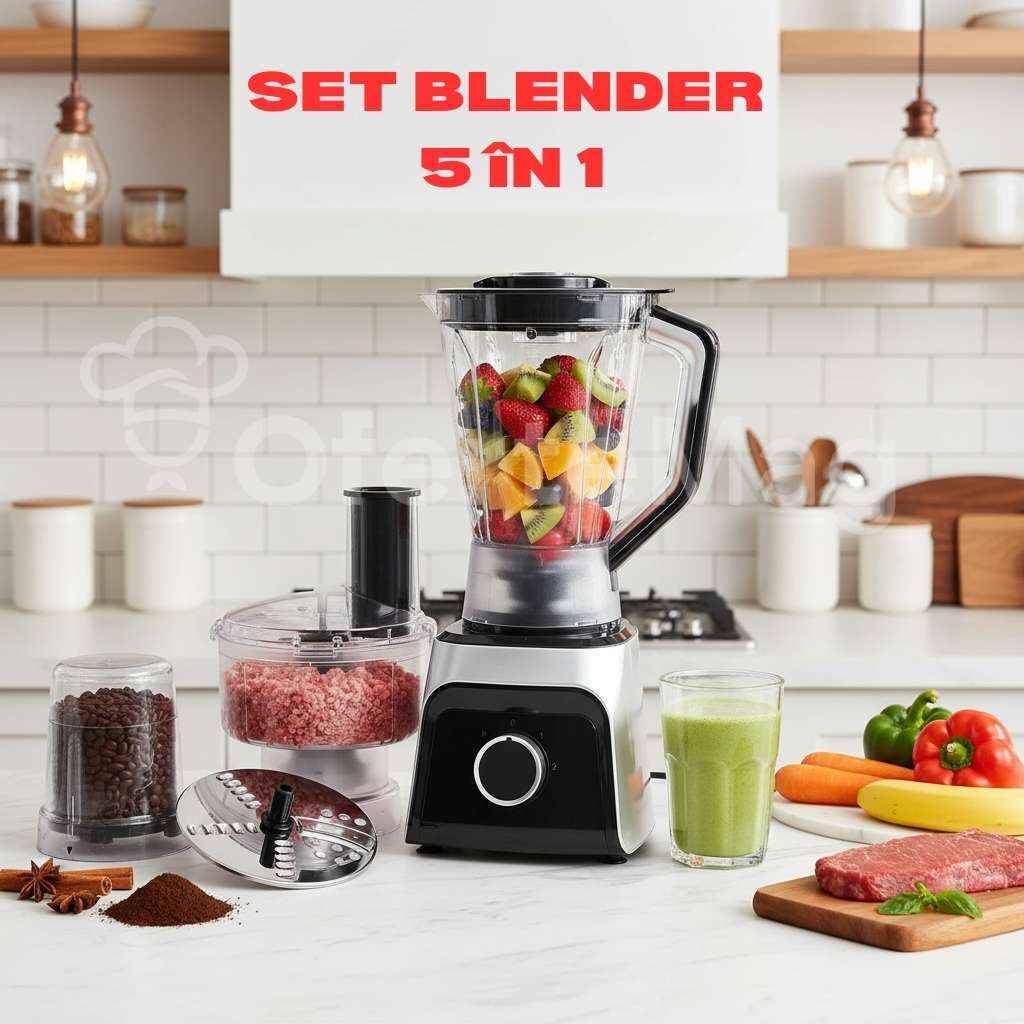 Set Multifuncțional Hoffmans 5 în 1 - Blender, Tocător, Storcător, Feliator și Râșniță, Putere 1200W, Lame din Oțel Inoxidabil, Capacitate 1.5 Litri, Bază Antiderapantă
