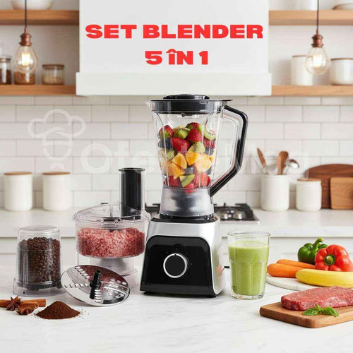 Set Multifuncțional Hoffmans 5 în 1 - Blender, Tocător, Storcător, Feliator și Râșniță, Putere 1200W, Lame din Oțel Inoxidabil, Capacitate 1.5 Litri, Bază Antiderapantă