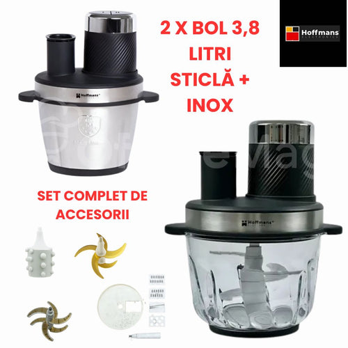 Set Tocător Multifuncțional 1800W, Bol Inox + Bol Sticlă