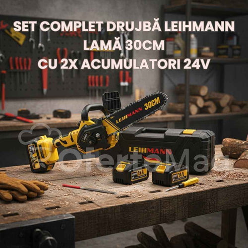 Drujbă Electrică cu Lamă 30 cm, 2 Acumulatori 24V - 5Ah, Motor Puternic, Design Ergonomic, Lamă Oțel Carbon, Valiză Transport și Încărcător Incluse